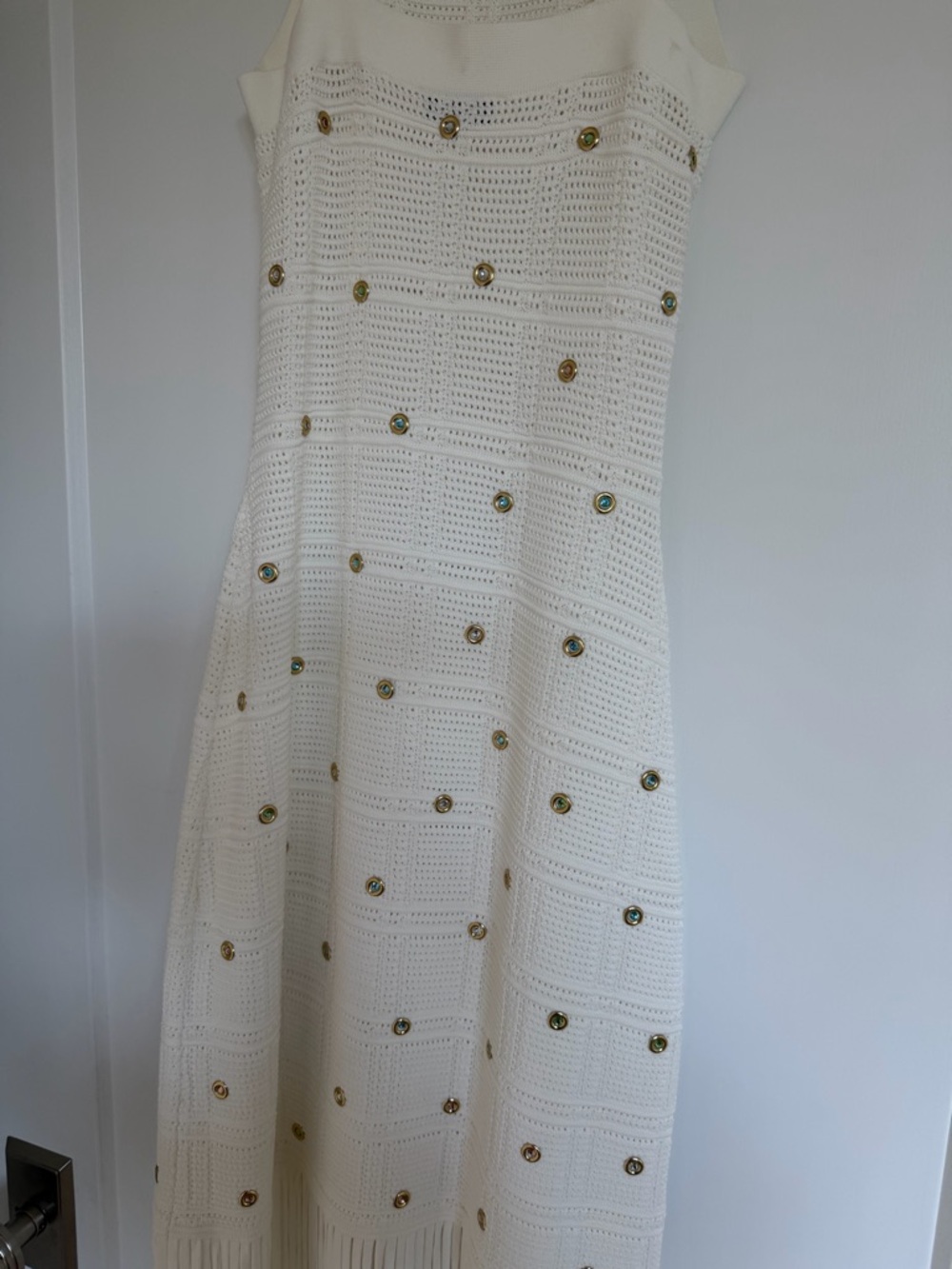 Sandro Cream Crochet Maxi Dress with Gold Buttons